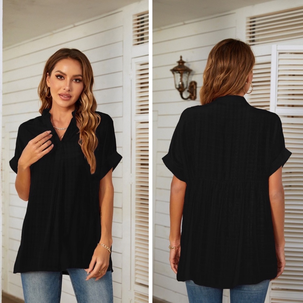 Black Plaid Gathered Detail Tunic Blouse - Picture 2 of 2